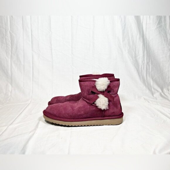 Koolaburra by Ugg Burgundy Suede Sherpa Victoria Mini Bow Booties Ankle Boots~7~ - Picture 3 of 6